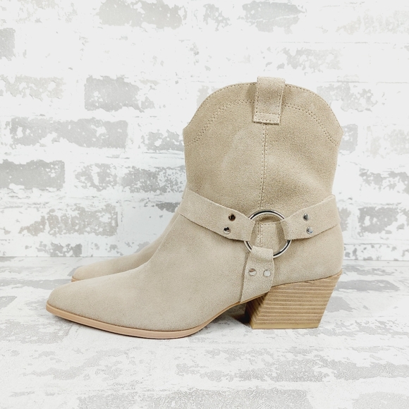New Open Edit Enzo Suede Cream Almond Square Toe Side Zipper  Western Boots W81 - Picture 1 of 12
